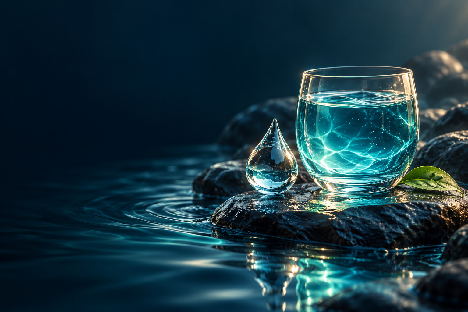 Turquoise water and sculptural glass on dark stone